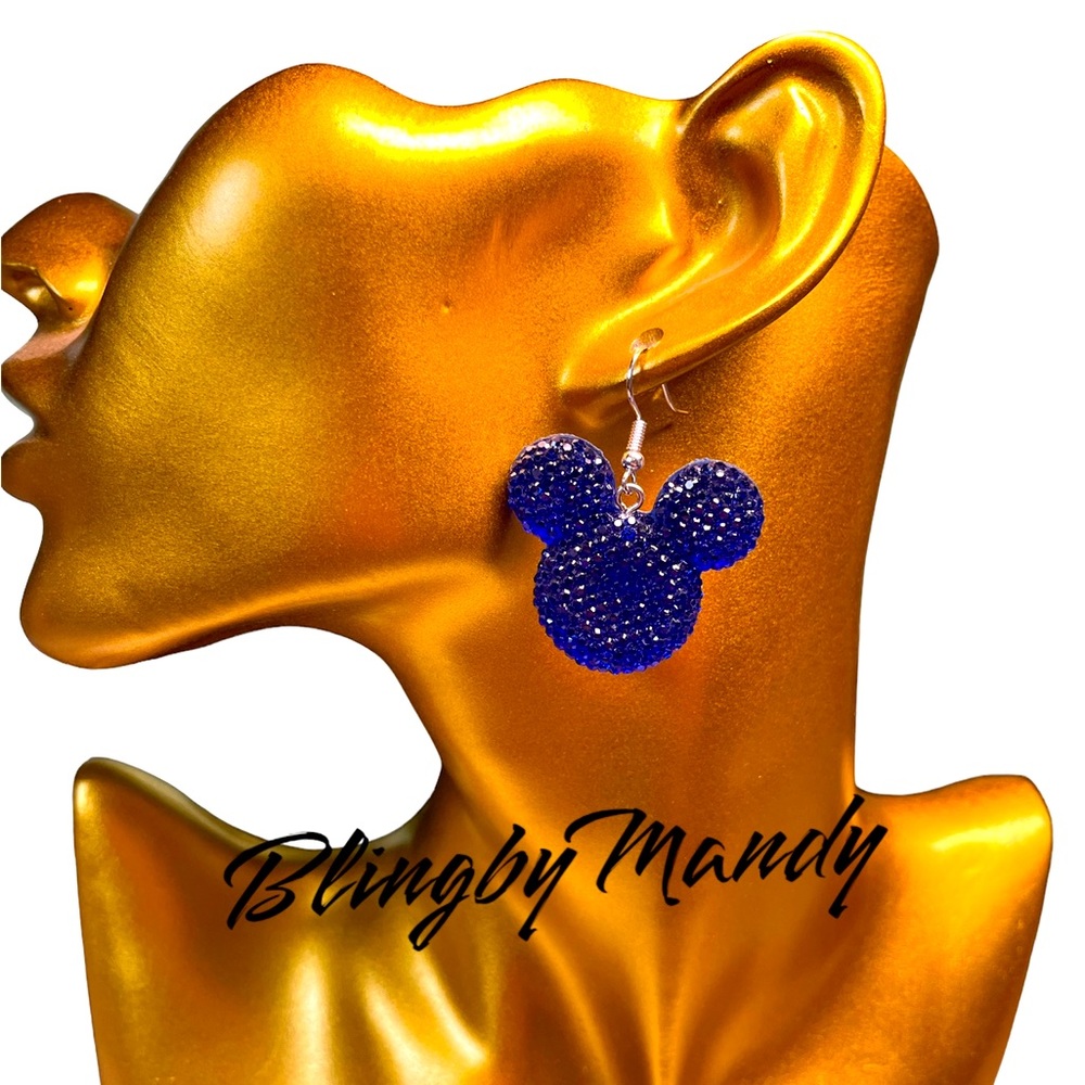 Betsey Johnson style deep blue rhinestone look Mickey earrings,nickel free hook